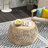 31.5" Boho Natural Round Patio Rattan Coffee Table with Wood-Top