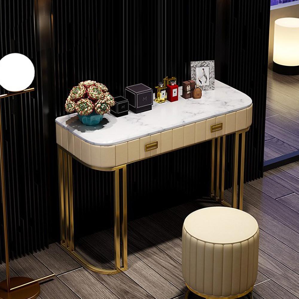 Faux Marble Tabletop Dressing Makeup Table with Drawers Metal Base in Gold