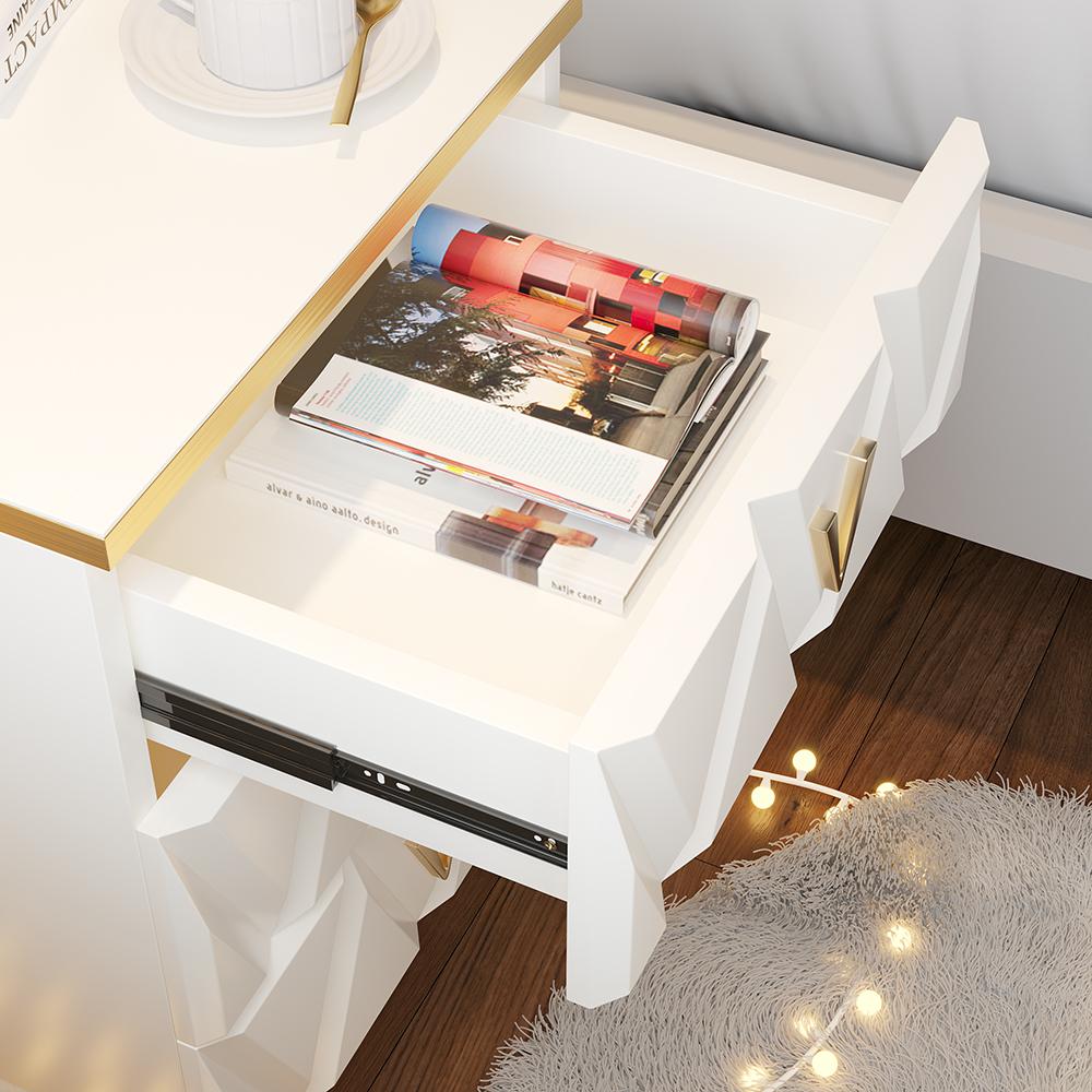 Nordic White Nightstand 3-Drawer Bedside Table V-Shaped Facet & Gold Pulls in Large