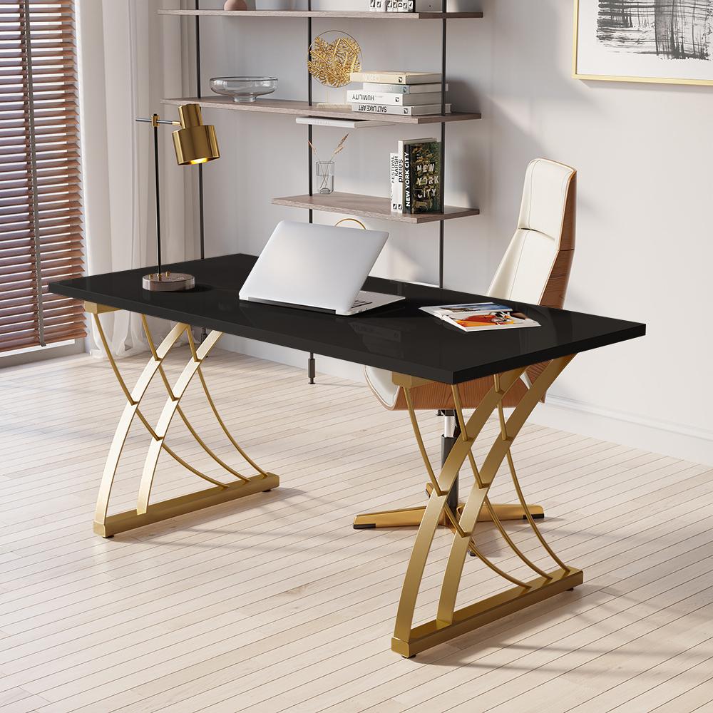 47" Modern White Rectangular Home Office Desk with Pine Wood Table Top & Gold Frame