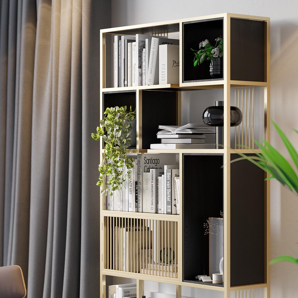 78" Modern Black Steel Geometric Bookcase 6-Tier Bookshelf Wooden Tall Book Shelf