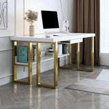 39" Modern White & Gold Rectangular Computer Desk with Drawer & Storage Shelf