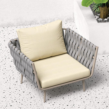 33.9" Wide Modern Aluminum Outdoor Patio Sofa with Cushion in Gray & Beige