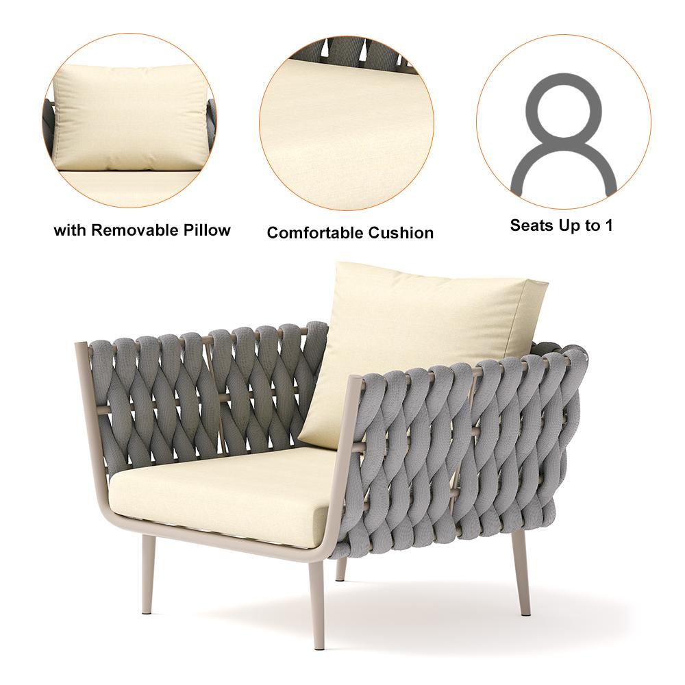33.9" Wide Modern Aluminum Outdoor Patio Sofa with Cushion in Gray & Beige