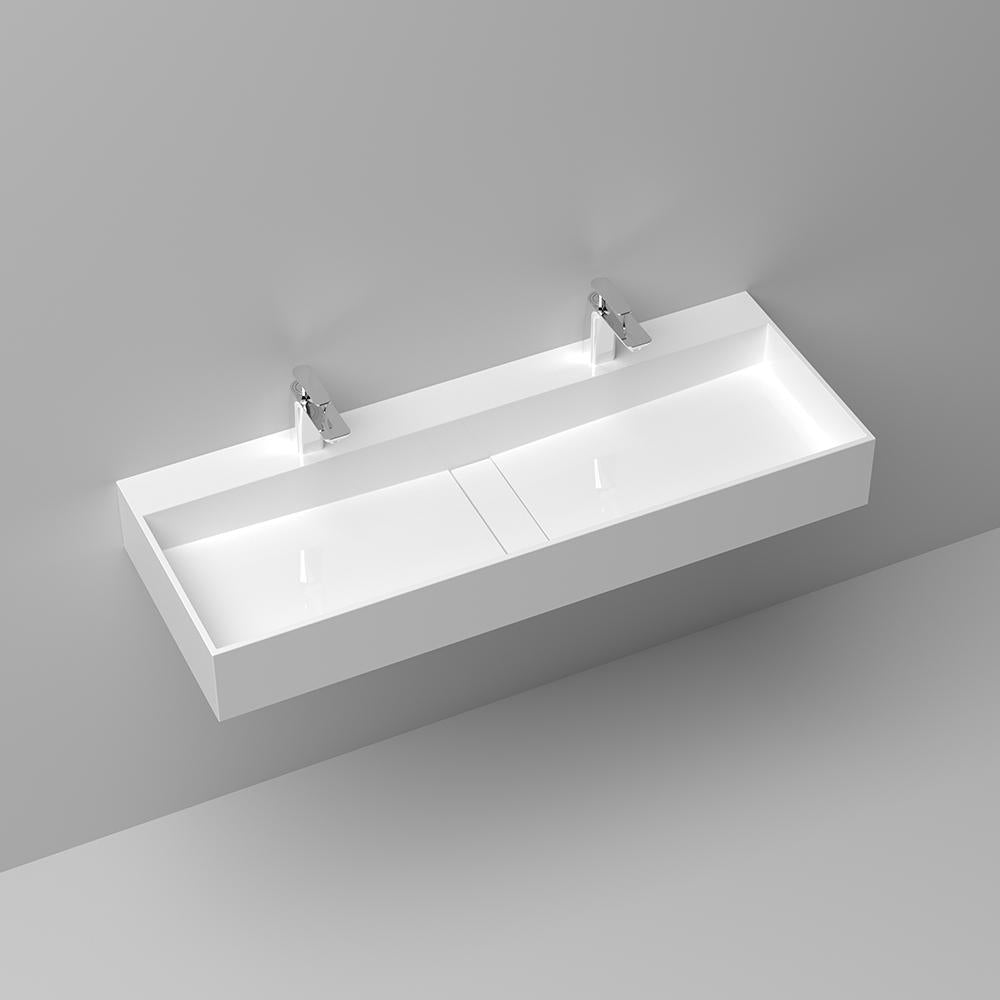 47 Inch Wall-Mount Double Sink Stone Resin Matte White Trough Bathroom Sink