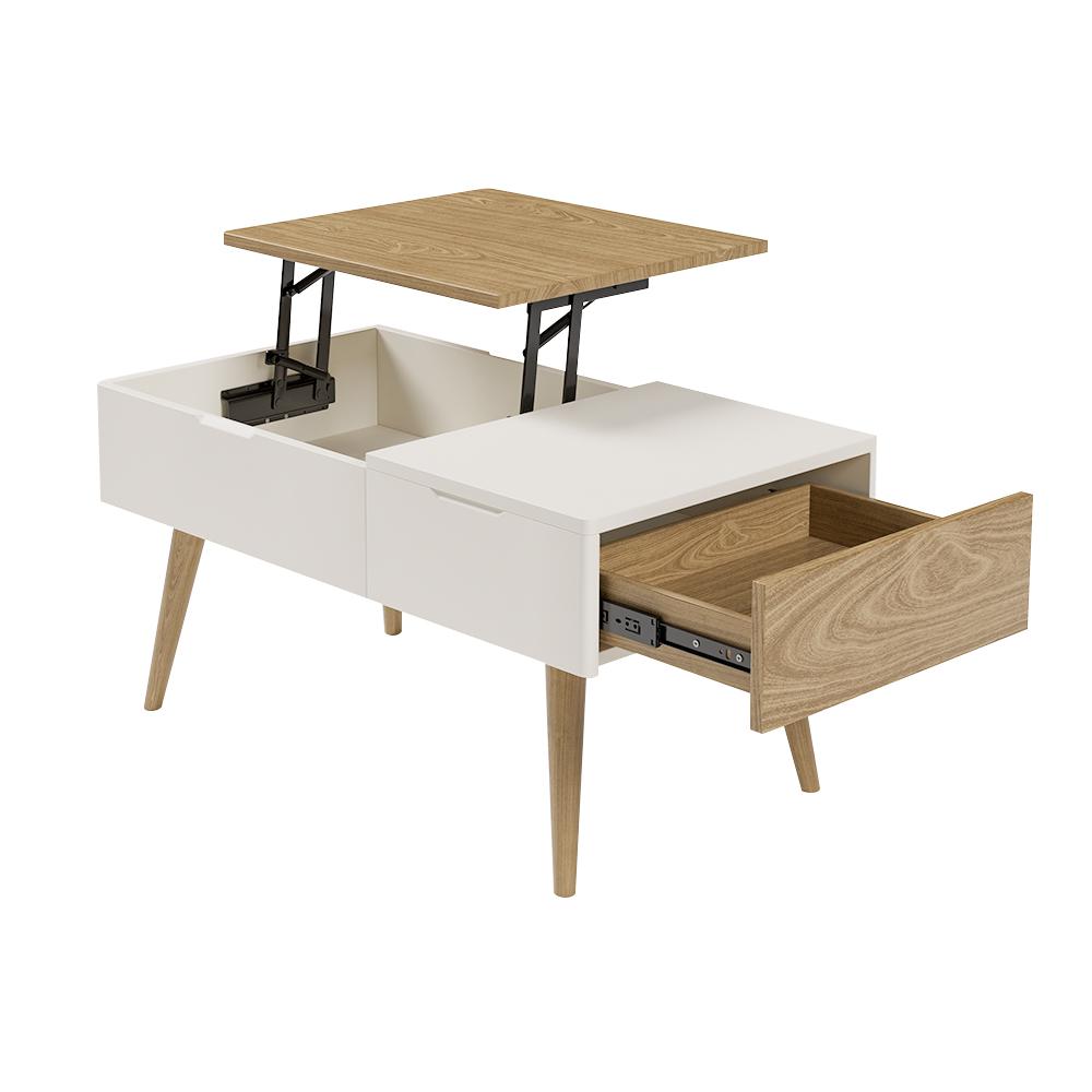White & Natural Wooden Rectangular Multifunctional Coffee Table with Drawer Lift-Top Storage Table