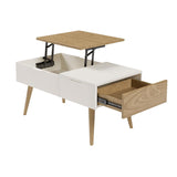 White & Natural Wooden Rectangular Multifunctional Coffee Table with Drawer Lift-Top Storage Table