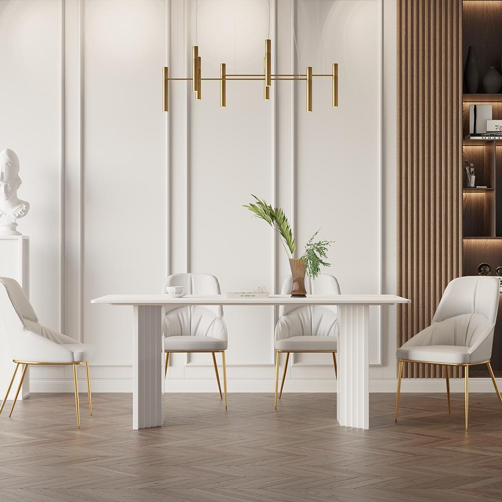 63" Modern Dining Table White Faux Marble Top for 6 Person Double Pedestal Base