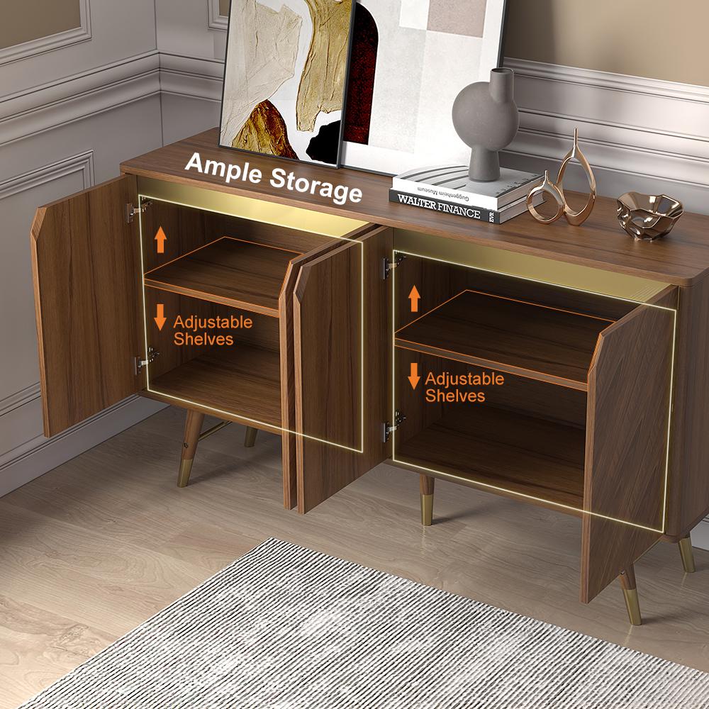 Capet Mid-Century 63" Walnut Sideboard Buffet 4-Door Kitchen Cabinet Adjustable Shelves