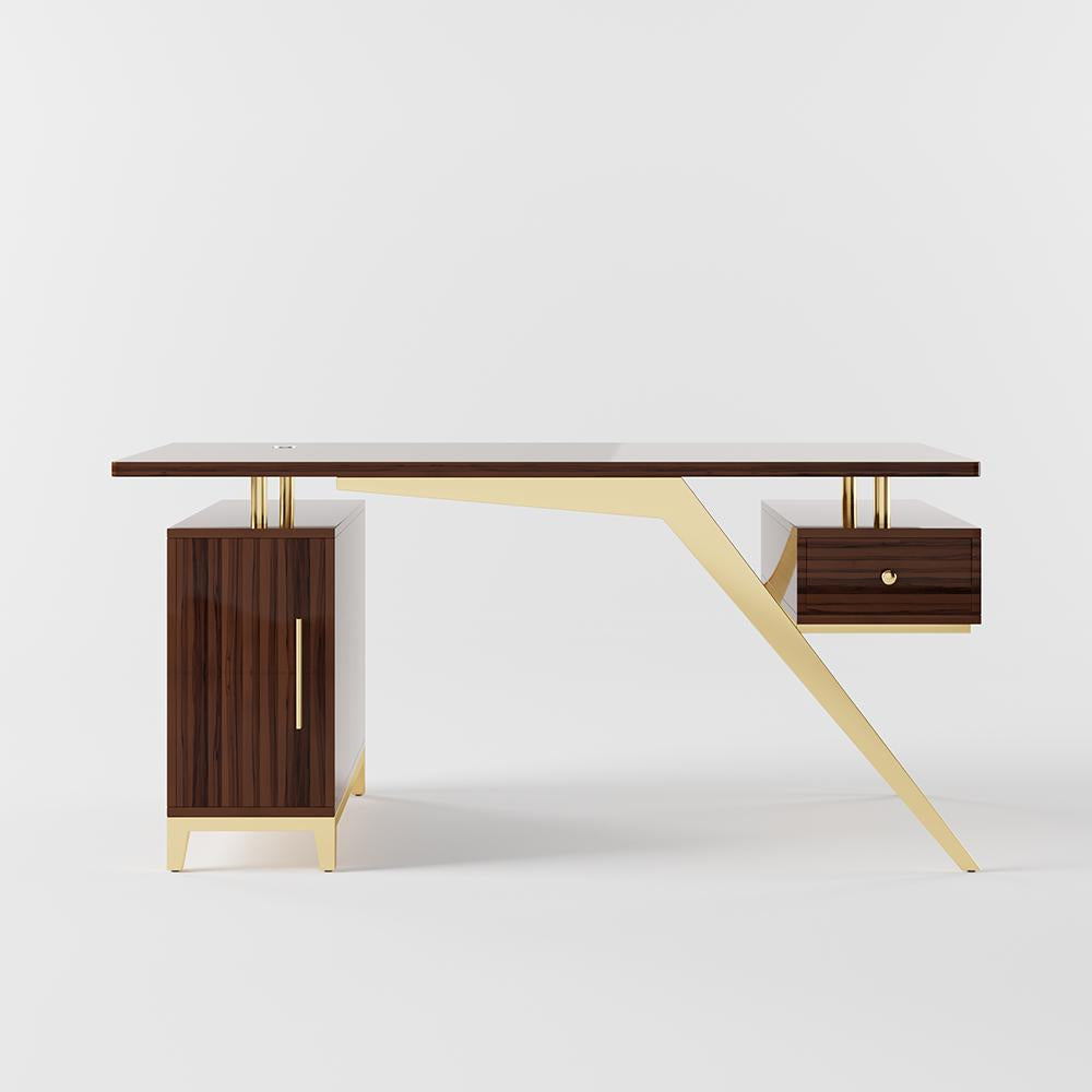 55" Ultra Modern White and Gold Computer Writing Desk with Storage & Drawer