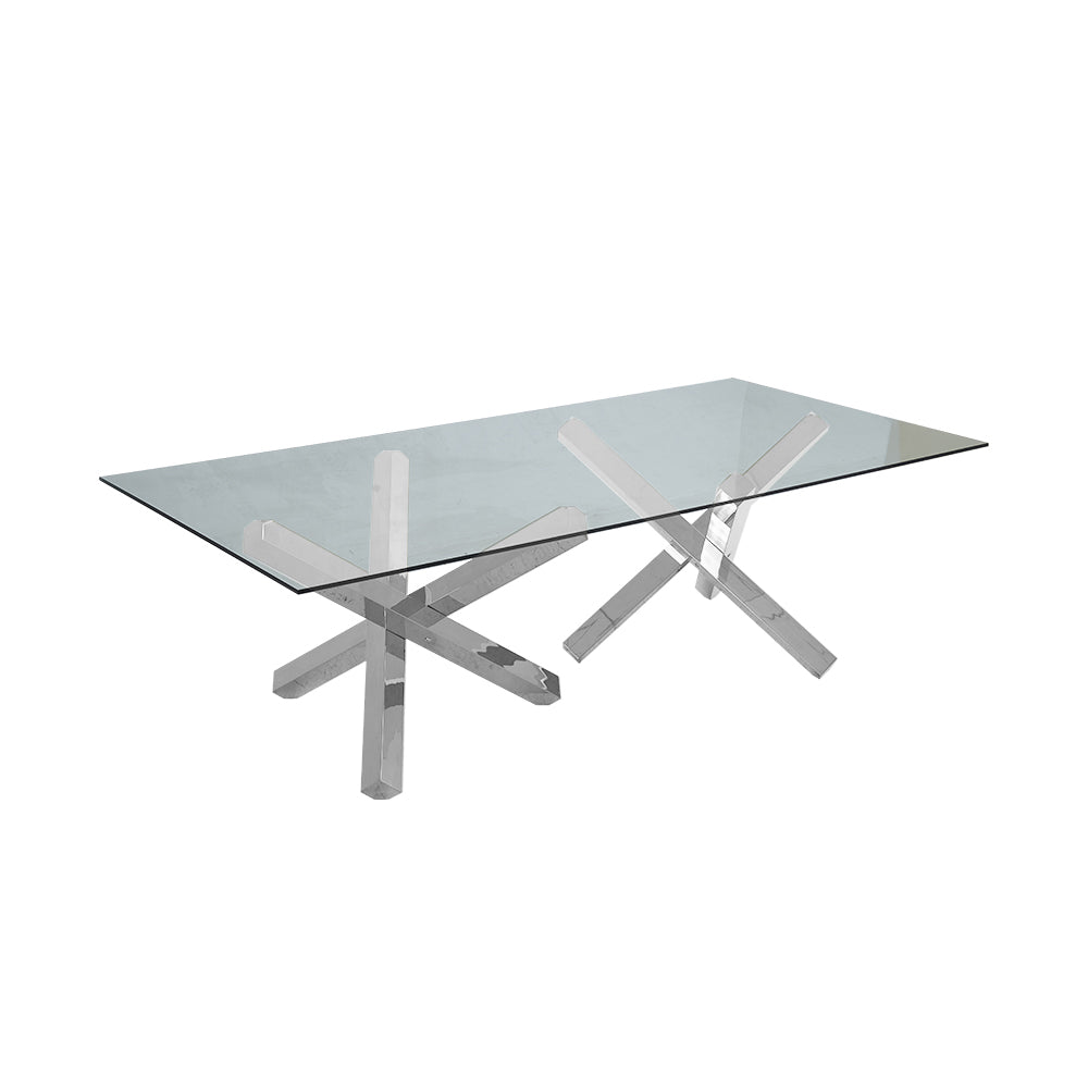 95" Modern Glass Dining Table with Double Pedestal in Gold