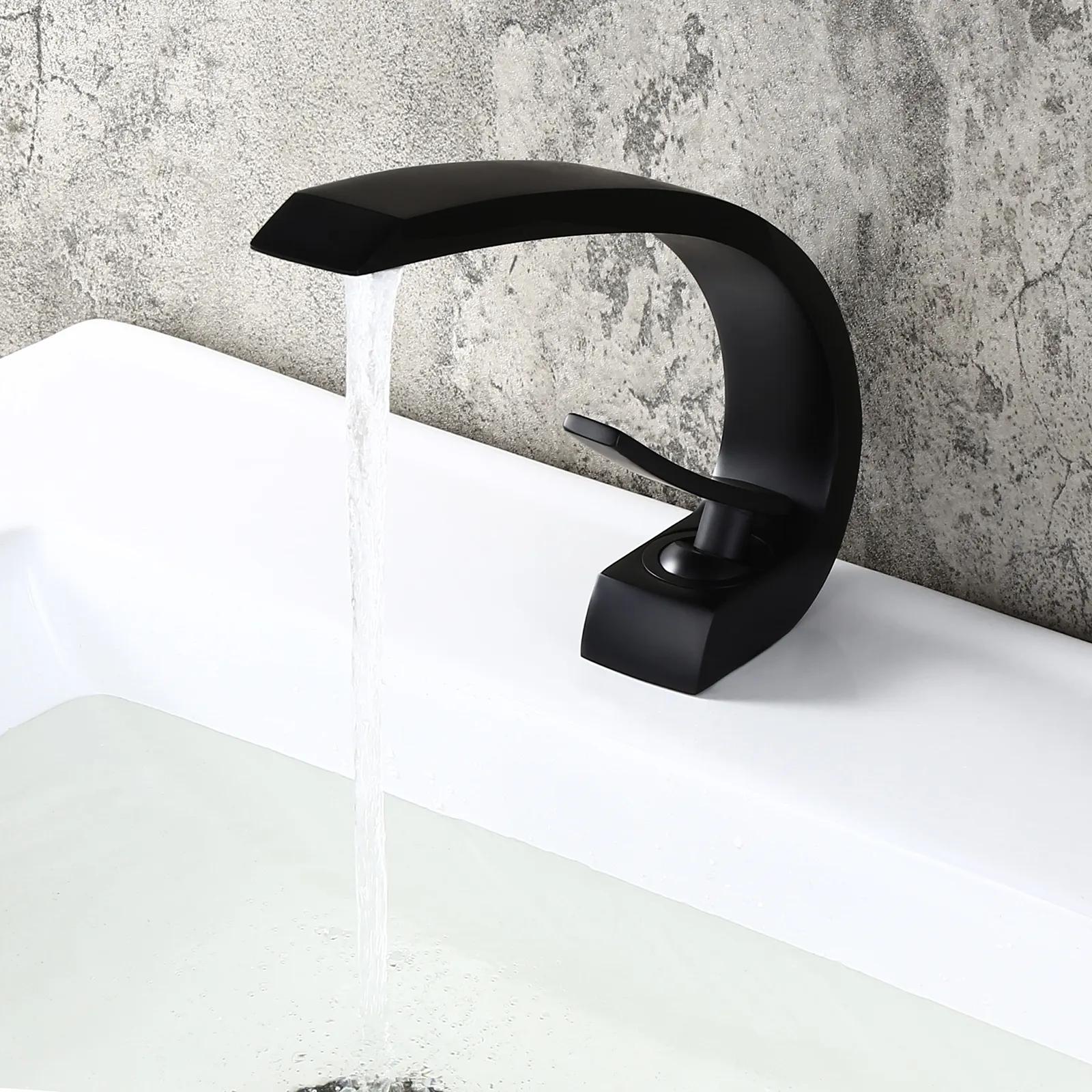 Modern Single Hole 1-Handle C-Shaped Curved Spout Bathroom Sink Faucet with Pop Up Drain in Brushed Nickel