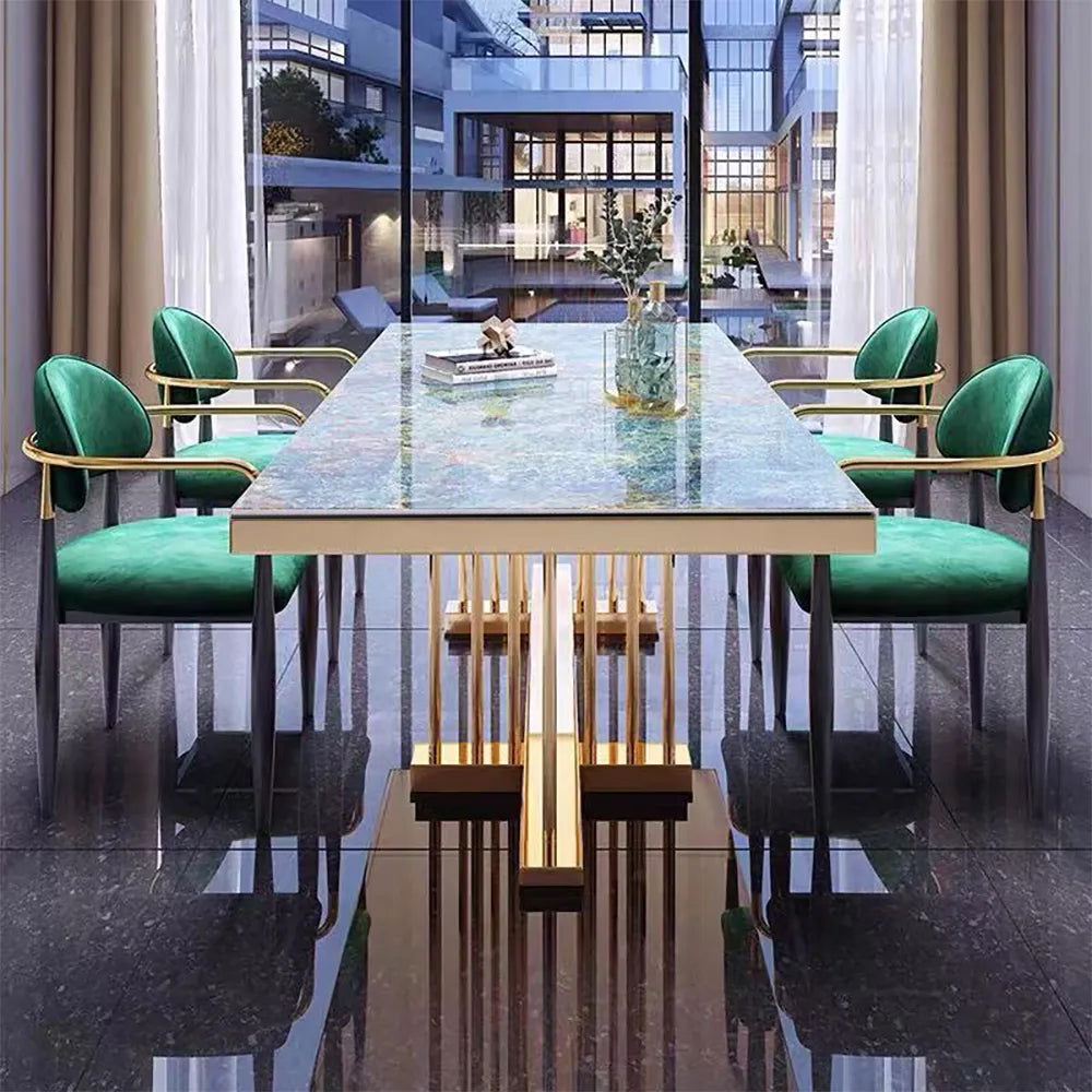 78.8" Modern Large Rectangular Glossy Stone Dining Table Gold Stainless Steel Pedestal
