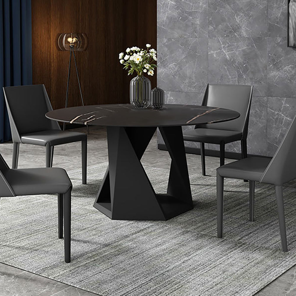 59.1" Classic Minimalist Round Stone Top Dining Table with Carbon Steel Base