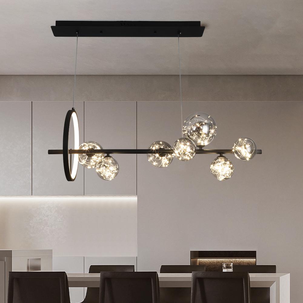 Modern 7-Light Black Kitchen Island Light with Glass Globe Shade Ceiling Pendant Lights