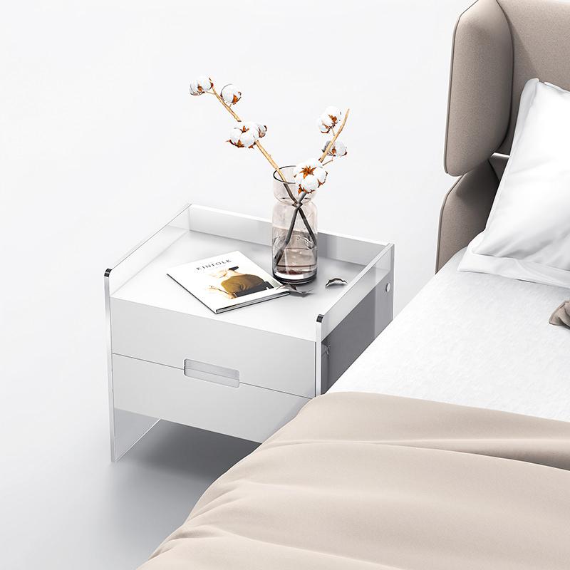 Modern Floating White Nightstand Acrylic Bedside Table with 2 Drawers