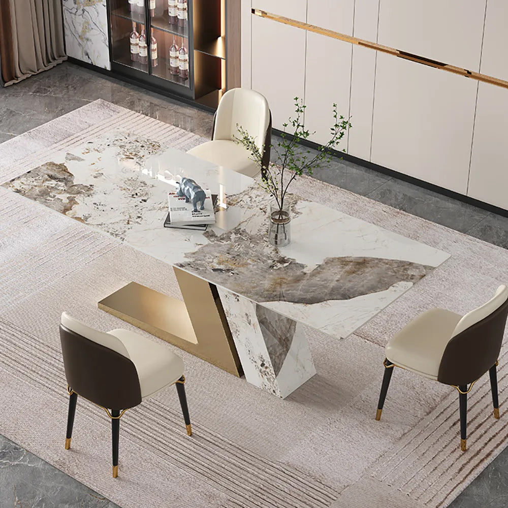 78.7" Rectangle Modern Stone Top Dining Table for 6 with Stainless Steel Base in Gold