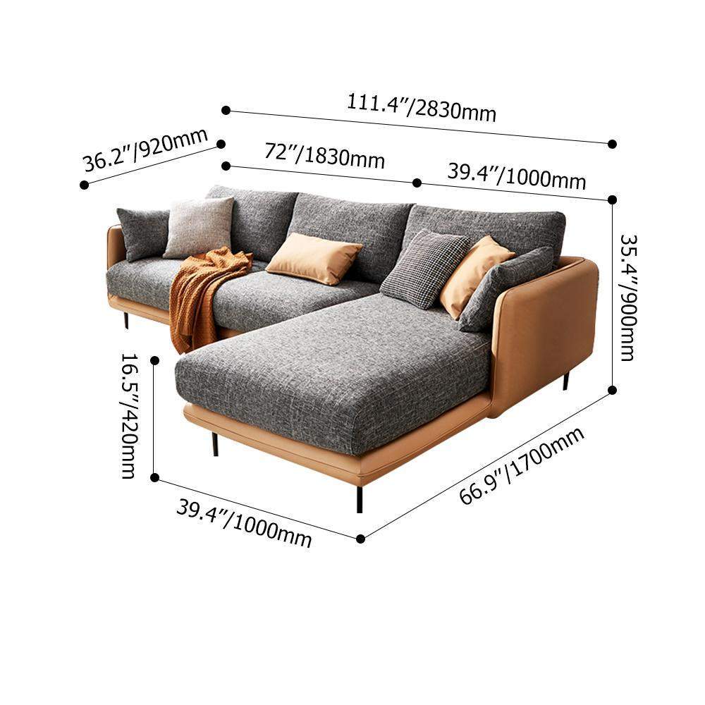 111.4" Modern Gray & Orange Sectional Sofa Loveseat with Chaise-Furniture,Living Room Furniture,Sectionals