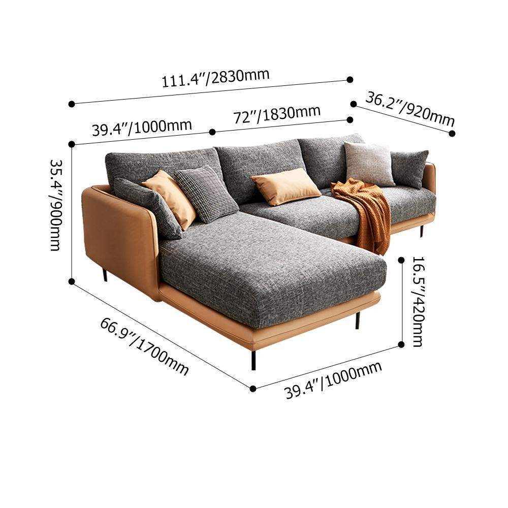 111.4" Modern Gray & Orange Sectional Sofa Loveseat with Chaise-Furniture,Living Room Furniture,Sectionals