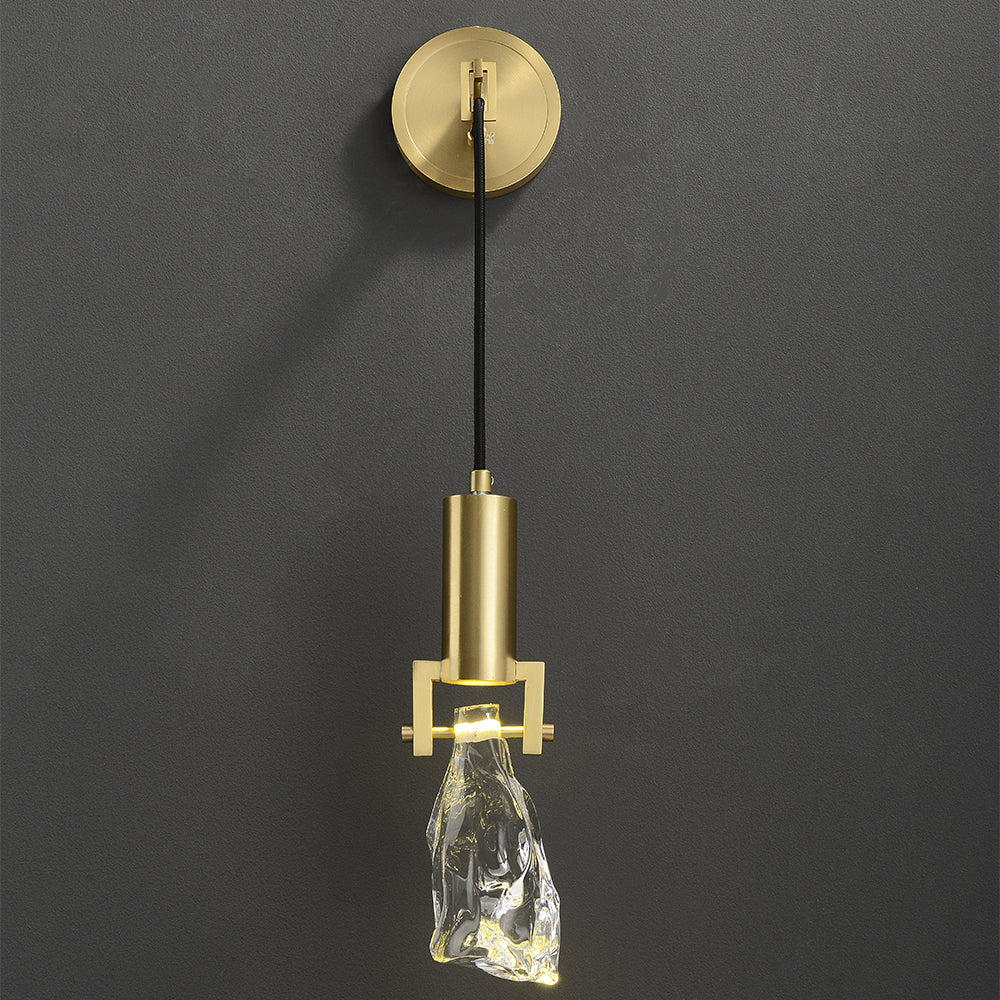 Gold Brass Wall Sconce Hanging Wall Light with Crystal Shade & Adjustable Cable