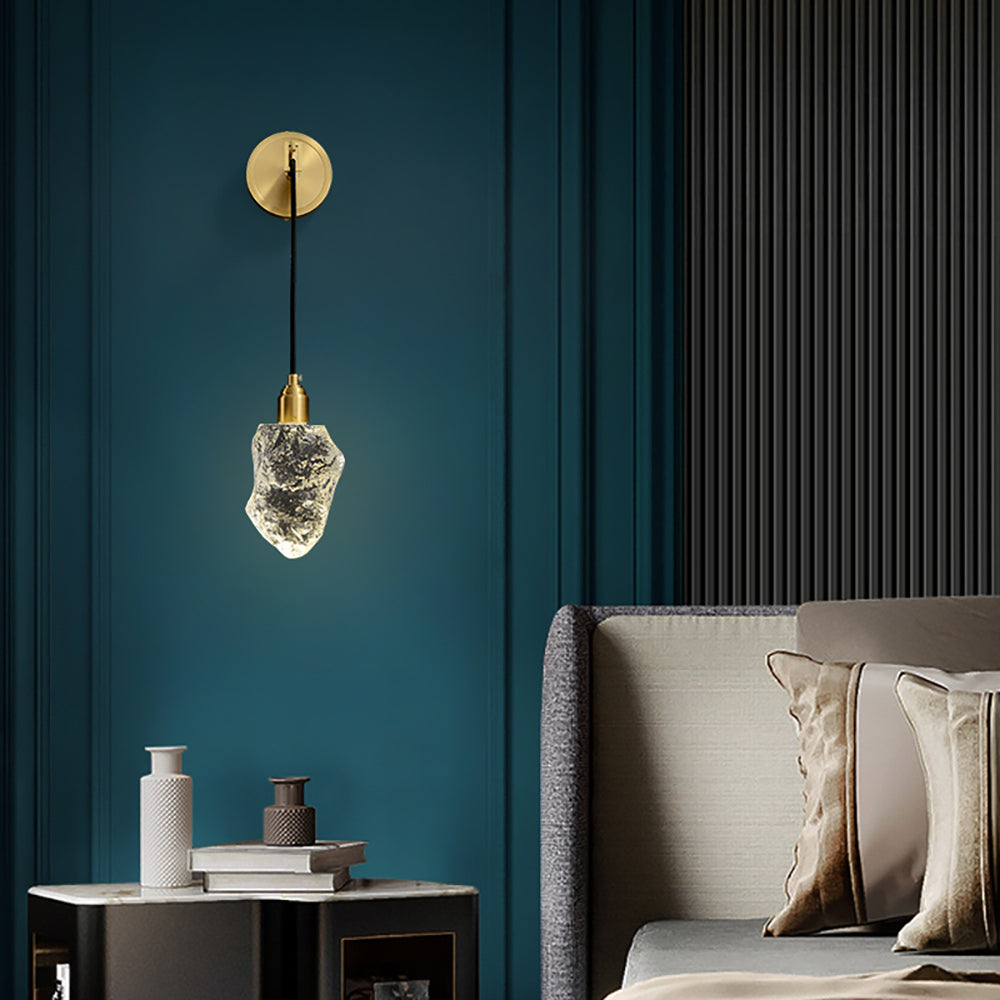 Gold Brass Wall Sconce Hanging Wall Light with Crystal Shade & Adjustable Cable