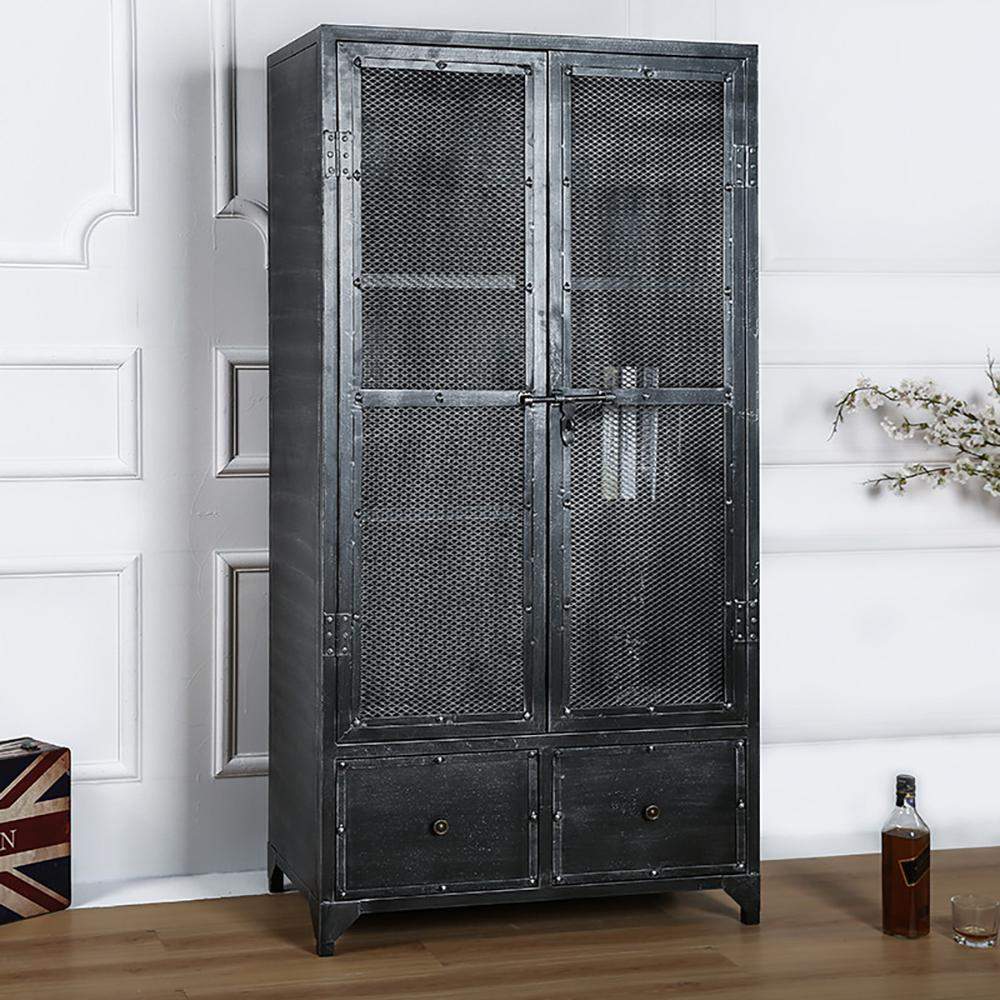 Industrial Black Bookshelf Rectangular Metal Mesh Bookcase 4 Shelves 2-Door 2 Drawer-Bookcases & Bookshelves,Furniture,Office Furniture