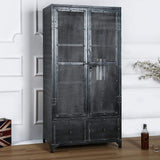Industrial Black Bookshelf Rectangular Metal Mesh Bookcase 4 Shelves 2-Door 2 Drawer-Bookcases & Bookshelves,Furniture,Office Furniture