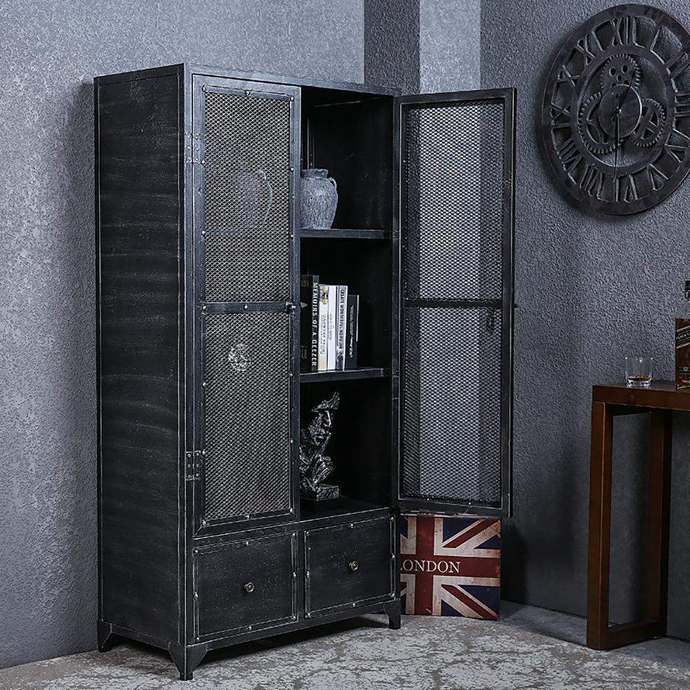 Industrial Black Bookshelf Rectangular Metal Mesh Bookcase 4 Shelves 2-Door 2 Drawer-Bookcases & Bookshelves,Furniture,Office Furniture