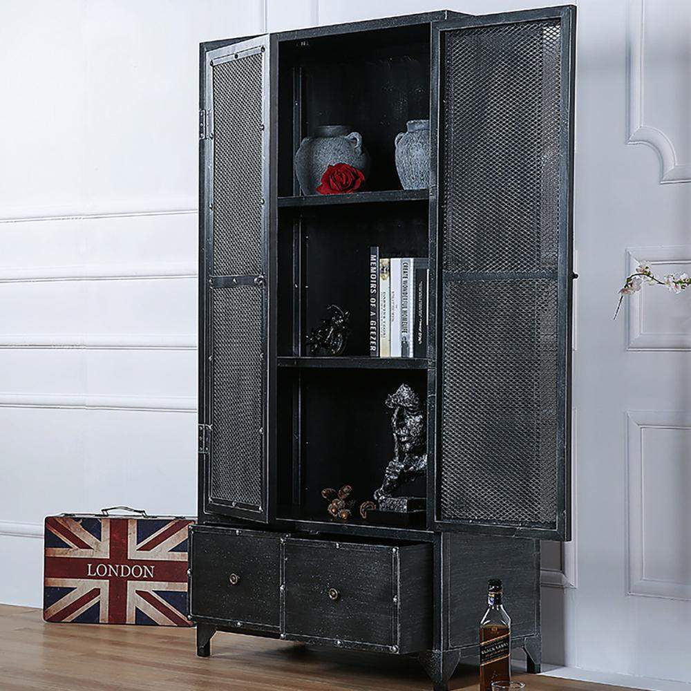 Industrial Black Bookshelf Rectangular Metal Mesh Bookcase 4 Shelves 2-Door 2 Drawer-Bookcases & Bookshelves,Furniture,Office Furniture