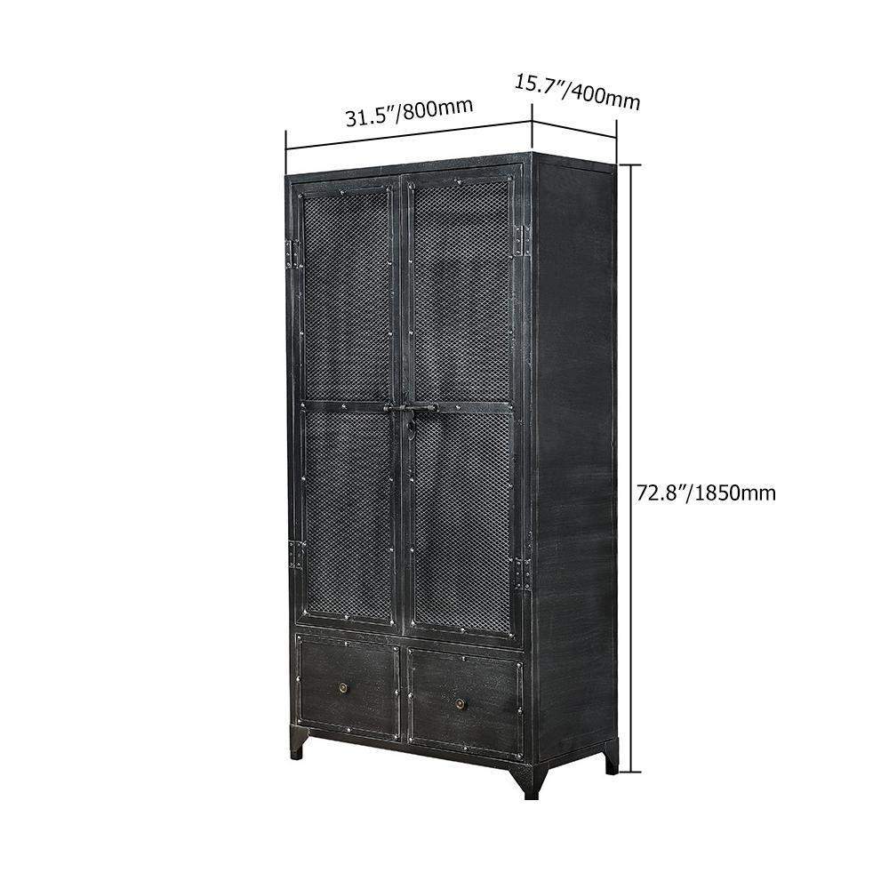 Industrial Black Bookshelf Rectangular Metal Mesh Bookcase 4 Shelves 2-Door 2 Drawer-Bookcases & Bookshelves,Furniture,Office Furniture