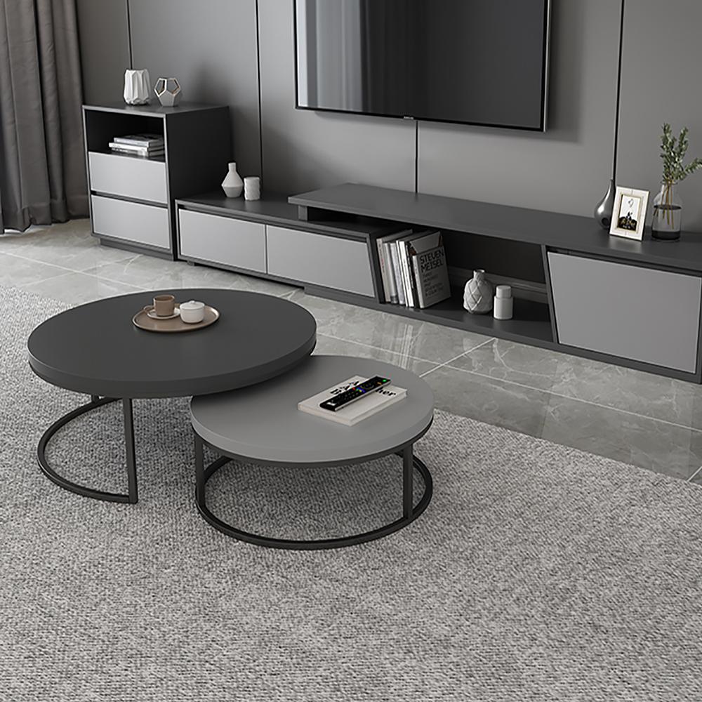 2 Pieces Modern Wood Gray & Black Round Nesting Coffee Table for Living Room