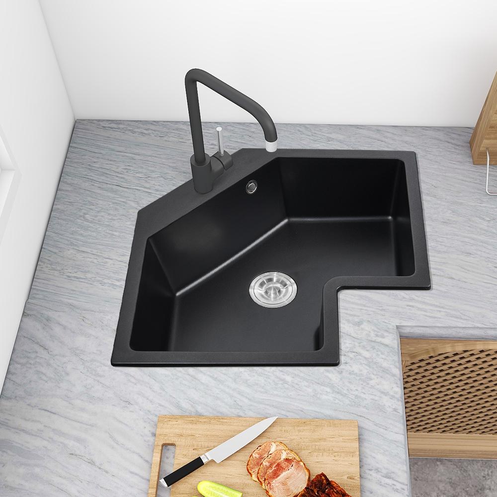 Black Drop In Corner Kitchen Sink Modern Single Bowl 25" Quartz Irregular Sink