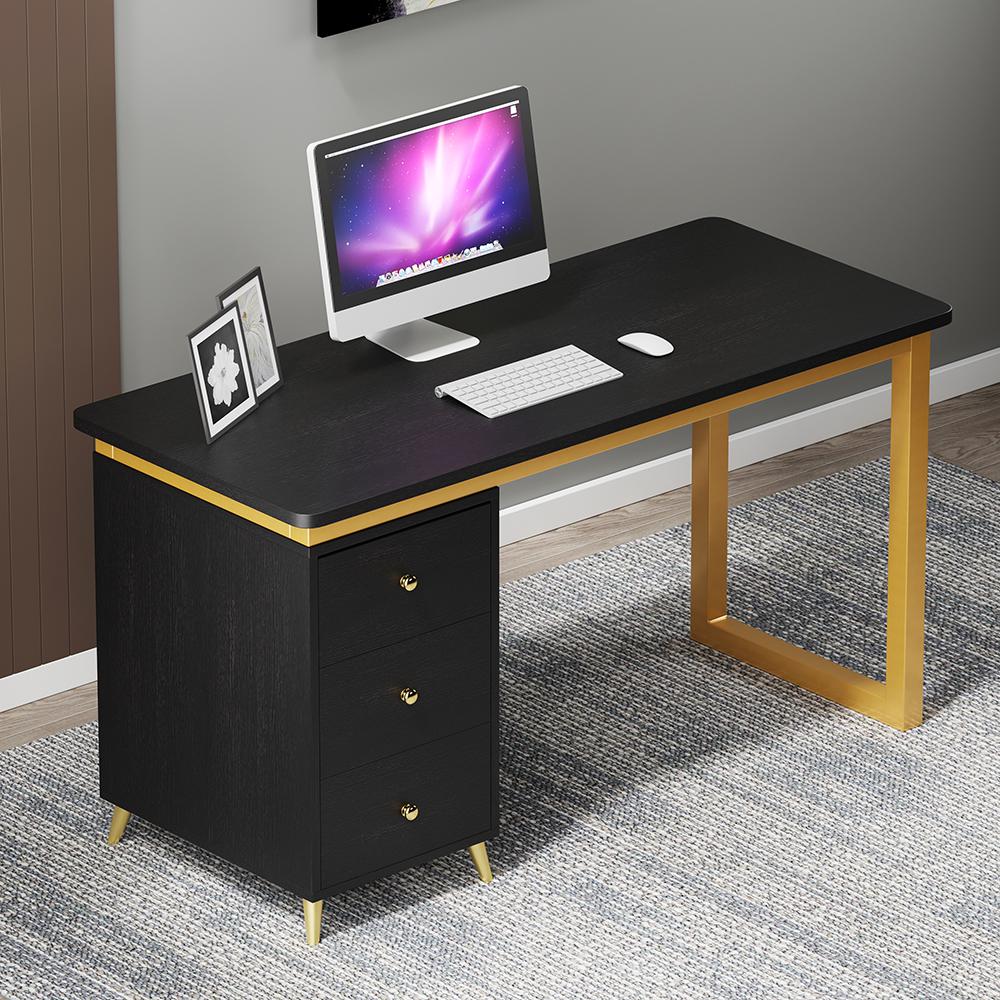 Modern 55" Wooden Home Office White Computer Desk with 3 Drawers & Side Cabinet in Gold