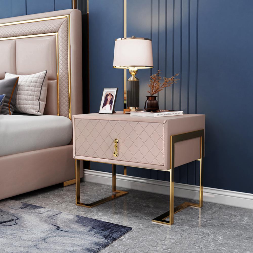 Modern Nightstand with Drawer, PU Leather in Deep Blue, Gold Leg
