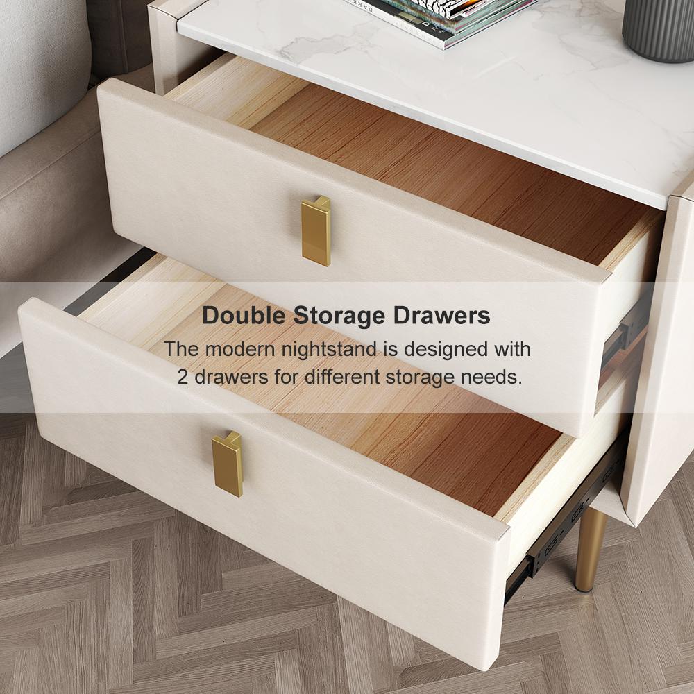 Modern 2 Drawers PU Leather Bedside Table Nightstand with Gold Metal Legs