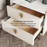 Modern 2 Drawers PU Leather Bedside Table Nightstand with Gold Metal Legs