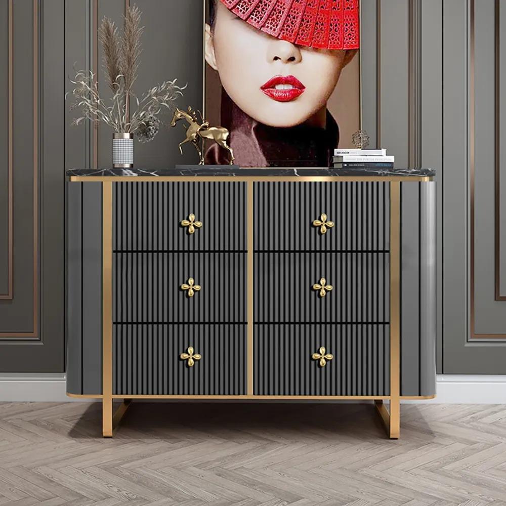 47" Modern Blue Dresser Faux Marble Top Cabinet with 6 Drawers in Gold