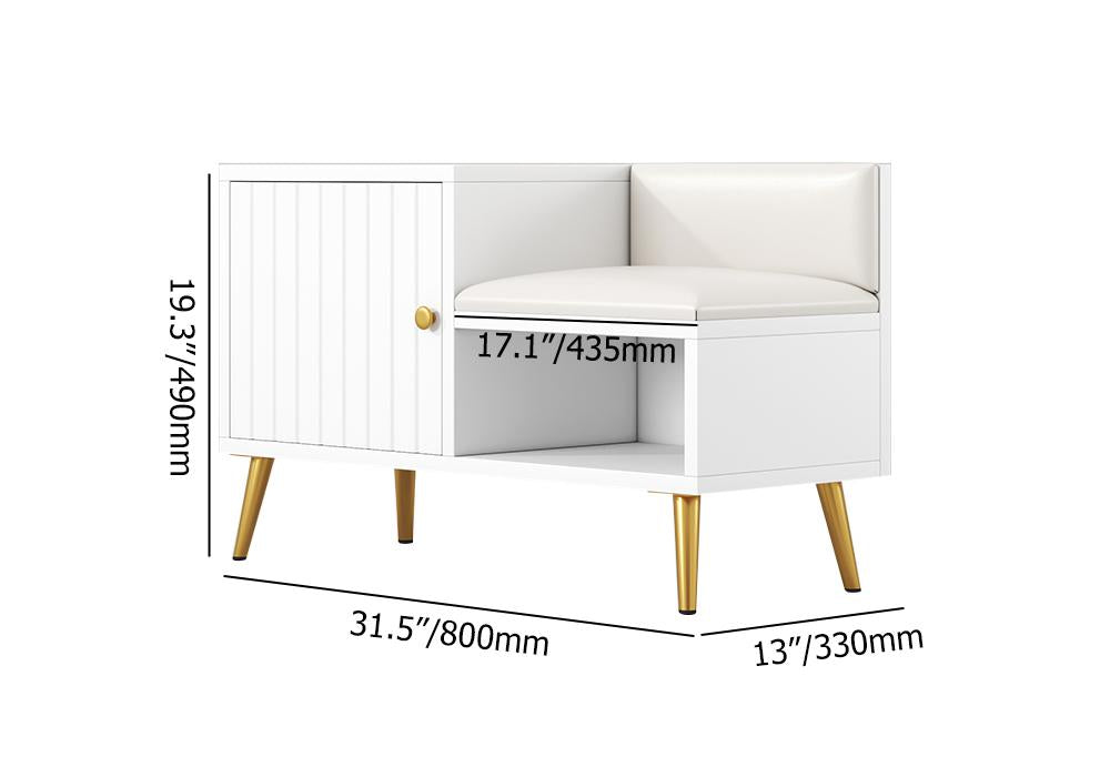 White Contemporary Upholstered Shoe Rack Bench with Storage Cabinet and Shelf Entryway