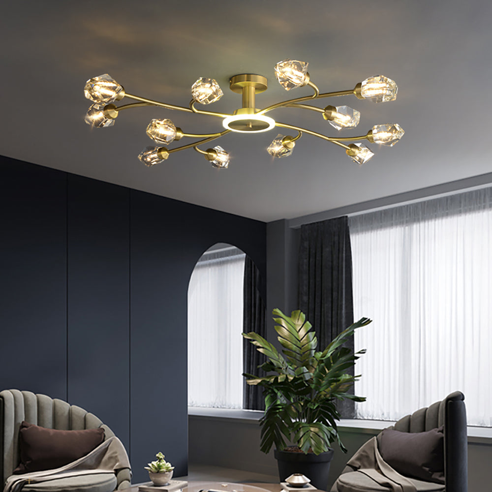 Brass 12-Light Sputnik Crystal Semi-Flush Mount Light for Living Room and Dining Room