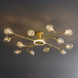 Brass 12-Light Sputnik Crystal Semi-Flush Mount Light for Living Room and Dining Room