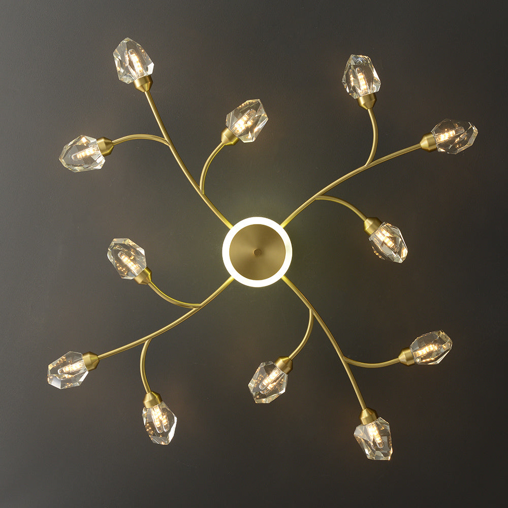 Brass 12-Light Sputnik Crystal Semi-Flush Mount Light for Living Room and Dining Room