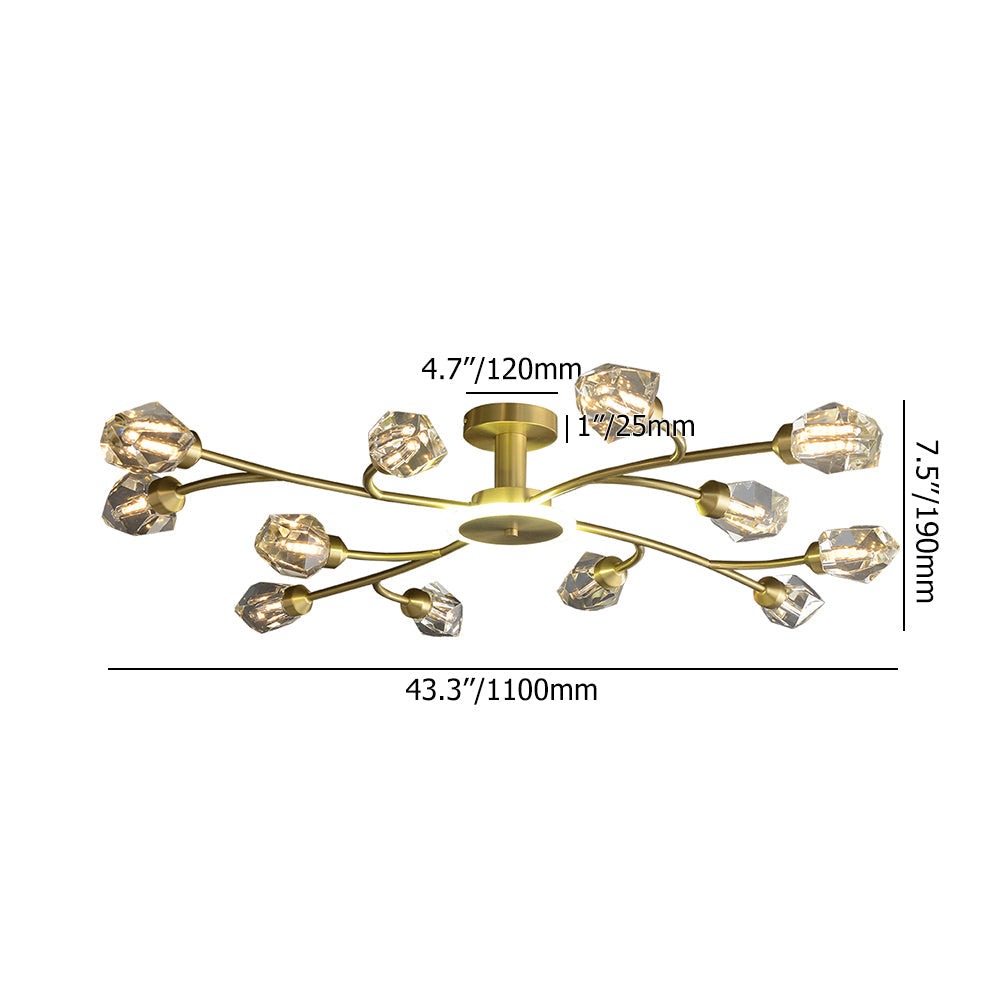 Brass 12-Light Sputnik Crystal Semi-Flush Mount Light for Living Room and Dining Room