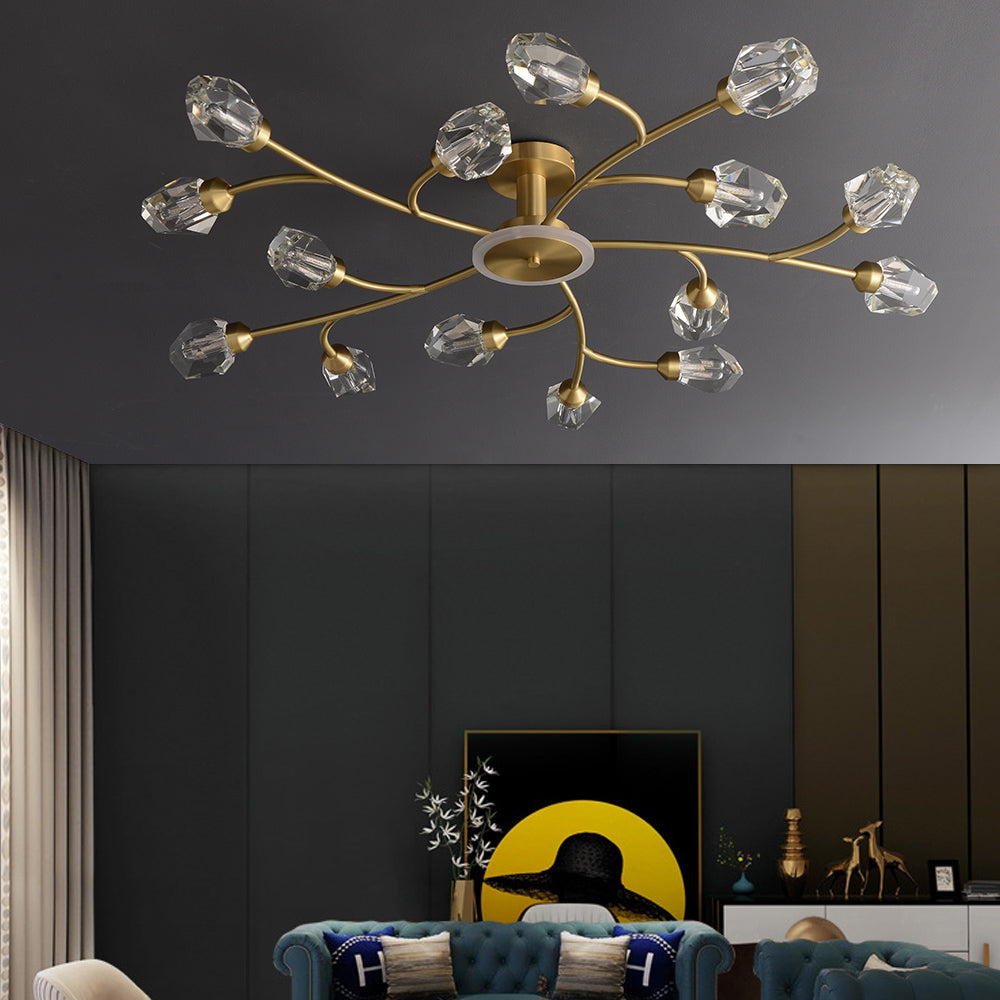 Brass 12-Light Sputnik Crystal Semi-Flush Mount Light for Living Room and Dining Room