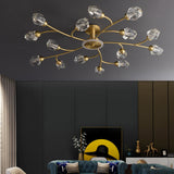 Brass 12-Light Sputnik Crystal Semi-Flush Mount Light for Living Room and Dining Room