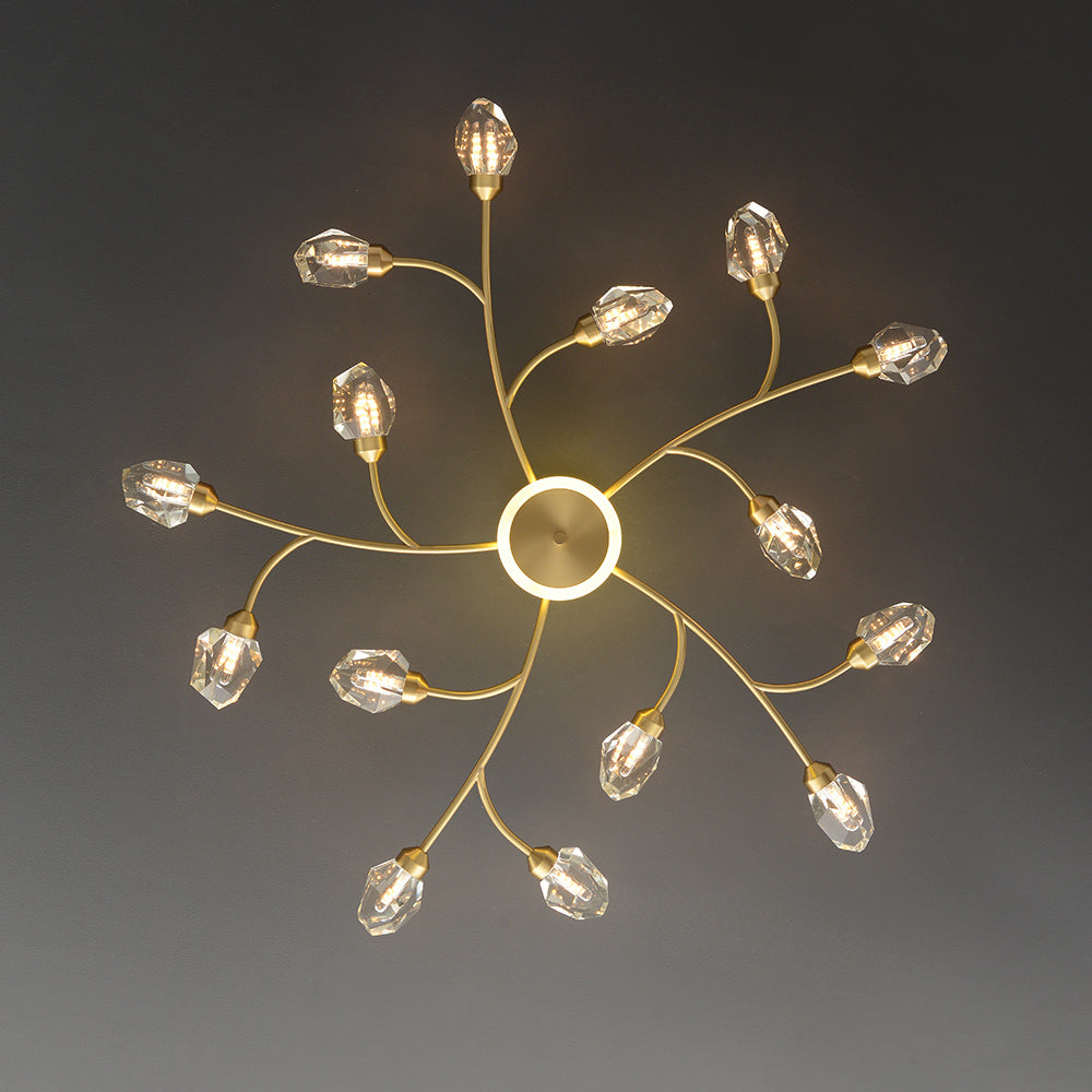 Brass 12-Light Sputnik Crystal Semi-Flush Mount Light for Living Room and Dining Room