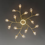 Brass 12-Light Sputnik Crystal Semi-Flush Mount Light for Living Room and Dining Room