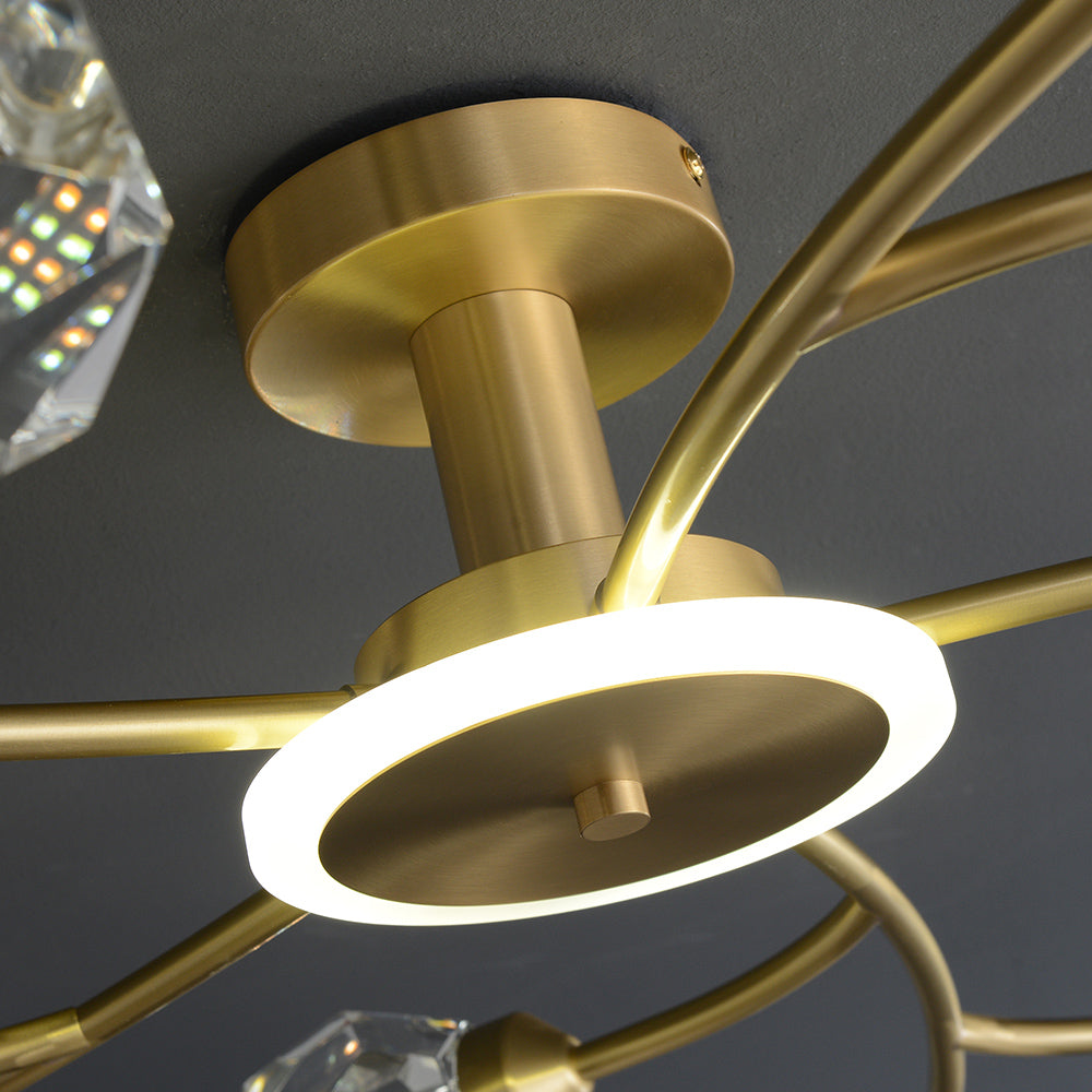 Brass 12-Light Sputnik Crystal Semi-Flush Mount Light for Living Room and Dining Room
