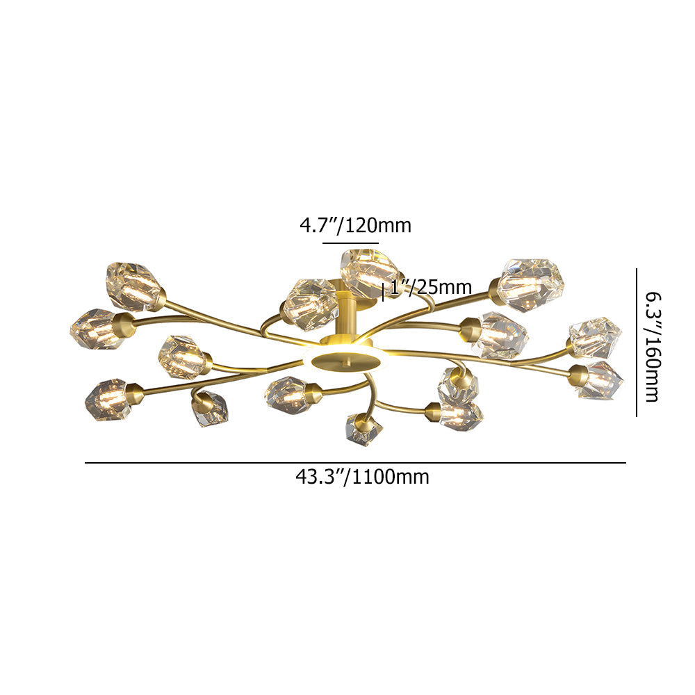 Brass 12-Light Sputnik Crystal Semi-Flush Mount Light for Living Room and Dining Room