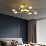 Brass 12-Light Sputnik Crystal Semi-Flush Mount Light for Living Room and Dining Room
