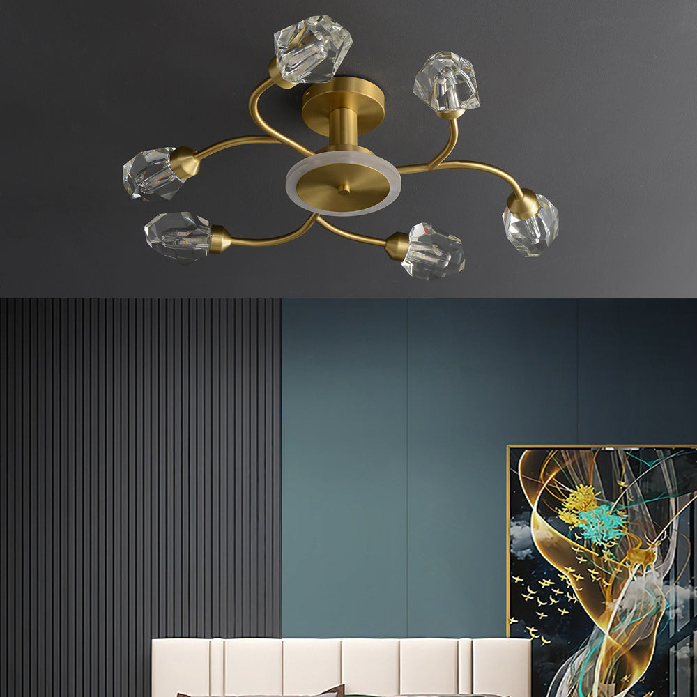 Brass 12-Light Sputnik Crystal Semi-Flush Mount Light for Living Room and Dining Room